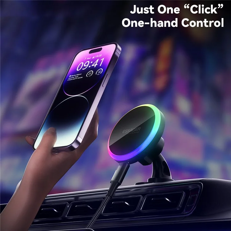 ESSAGER ACPH004 Car Magnetic Wireless Charger Colorful Light Air Vent Dashboard Mount Phone Charging Bracket