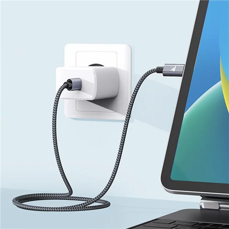 RAMPOW 1m Cable de Carga USB-C a USB-C USB 2.0 65W Trenzado en Nailon Laptop Tablet Teléfono Cable de Datos - Gris+Negro