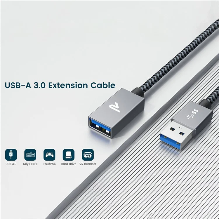 RAMPOW 0.5m 5Gbps Data Cord USB 3.0 USB-A Male to Female Extension Cable - Grey+Black