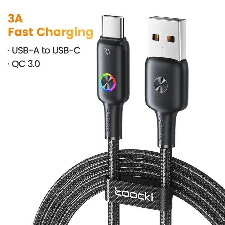 TOOCKI TQ-X15A3 Câble de données USB vers Type-C 1,8 m 3A Charge rapide avec lumière colorée
