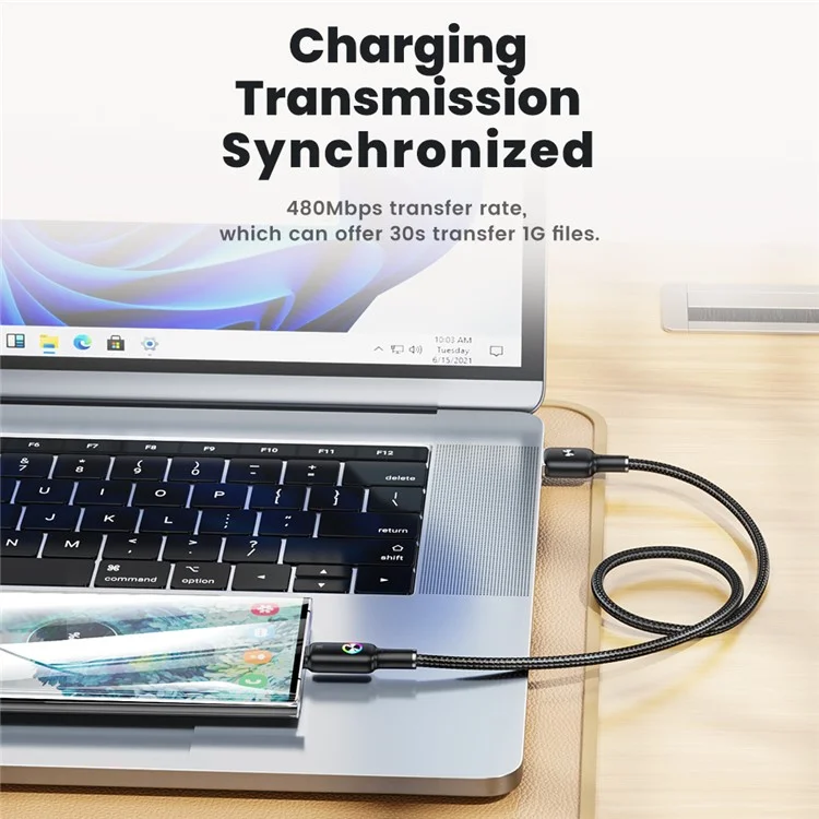 TOOCKI TQ-X15A3 Câble de données USB vers Type-C 1,8 m 3A Charge rapide avec lumière colorée