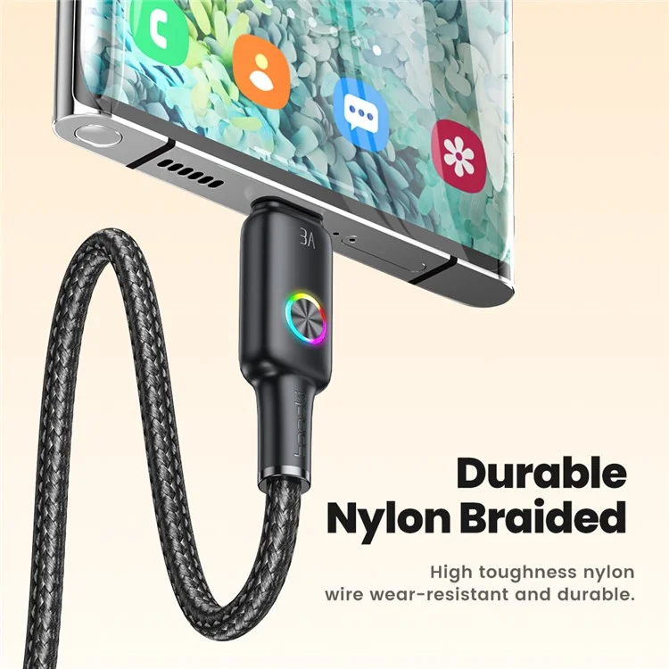 TOOCKI TQ-X15A3 Câble de données USB vers Type-C 1,8 m 3A Charge rapide avec lumière colorée