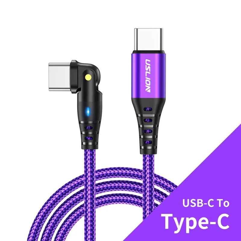 USLION US0177 2m 60W Type-C para Type-C Cabo de Rotação a 180 Graus Carregamento PD com Luz LED - Roxo