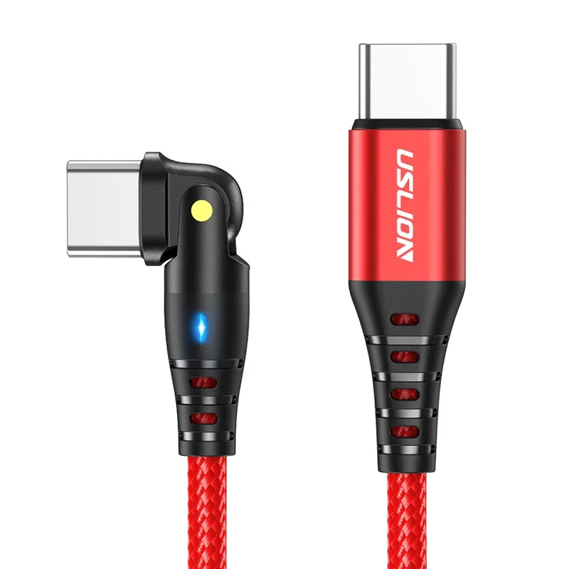 USLION US0177 2 m 60 W Type-C naar Type-C kabel 180 graden roterende PD-oplaadkabel met LED-verlichting - Rood