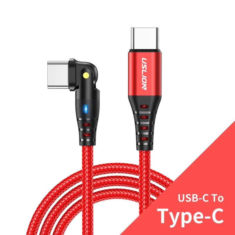 USLION US0177 2 m 60 W Type-C naar Type-C kabel 180 graden roterende PD-oplaadkabel met LED-verlichting - Rood