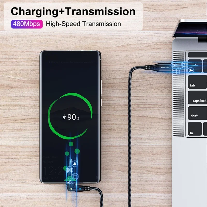 USLION US0177 2 m 60 W Type-C naar Type-C kabel 180 graden roterende PD-oplaadkabel met LED-verlichting - Rood