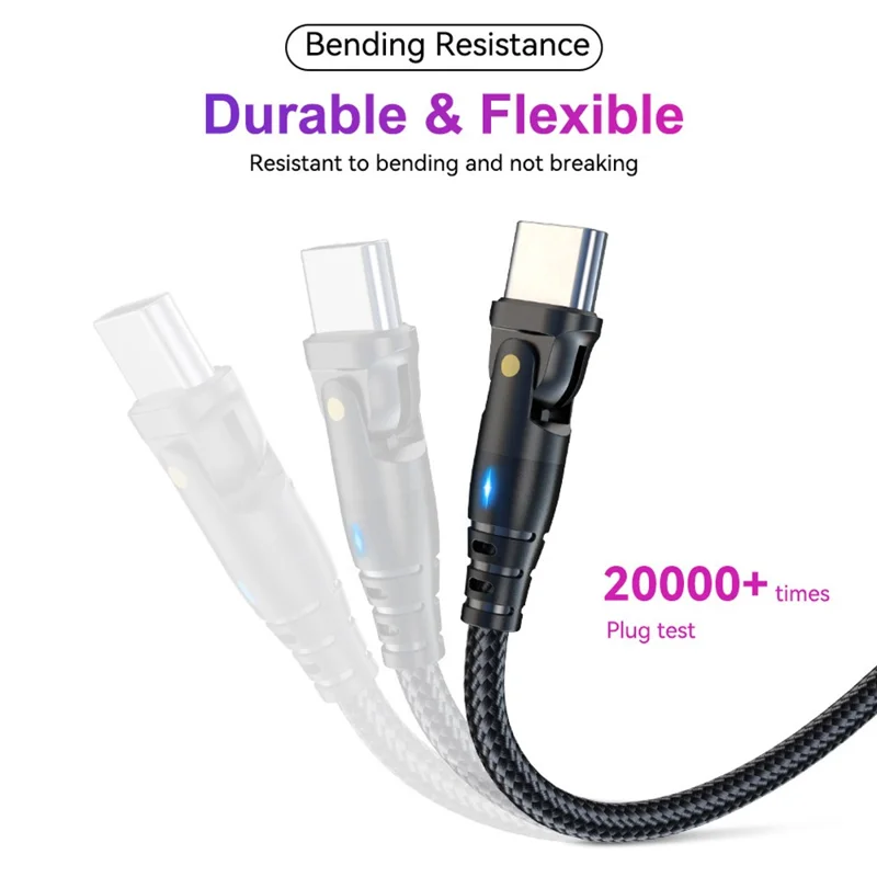 USLION US0177 2 m 60 W Type-C naar Type-C kabel 180 graden roterende PD-oplaadkabel met LED-verlichting - Rood