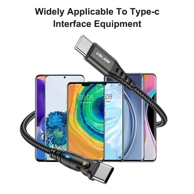 USLION US0177 2 m 60 W Type-C naar Type-C kabel 180 graden roterende PD-oplaadkabel met LED-verlichting - Rood