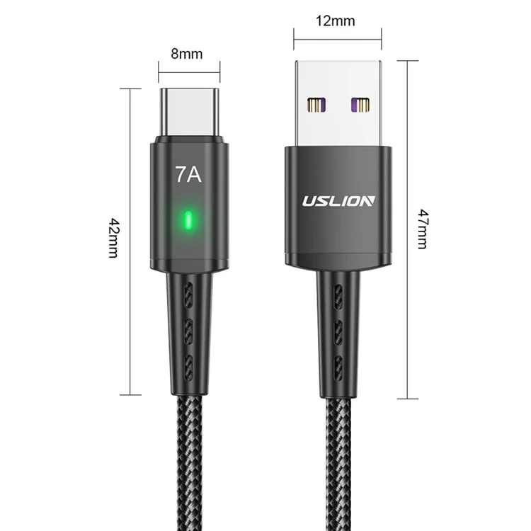 USLION US0188 USB-A to USB-C Charging Cable 1m Braided Data Cord - Black