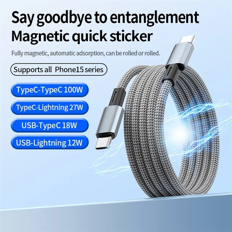 1m Type-C to Type-C PD 100W Fast Charging Cable Magnetic Data Cord for Mobile Phones