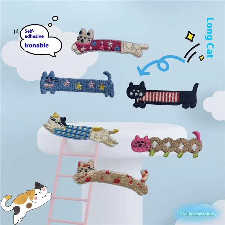 Patches Criativos de Gato Cartoon Longo - Apliques Bordados Autoadesivos para Decoração DIY - Nº 1
