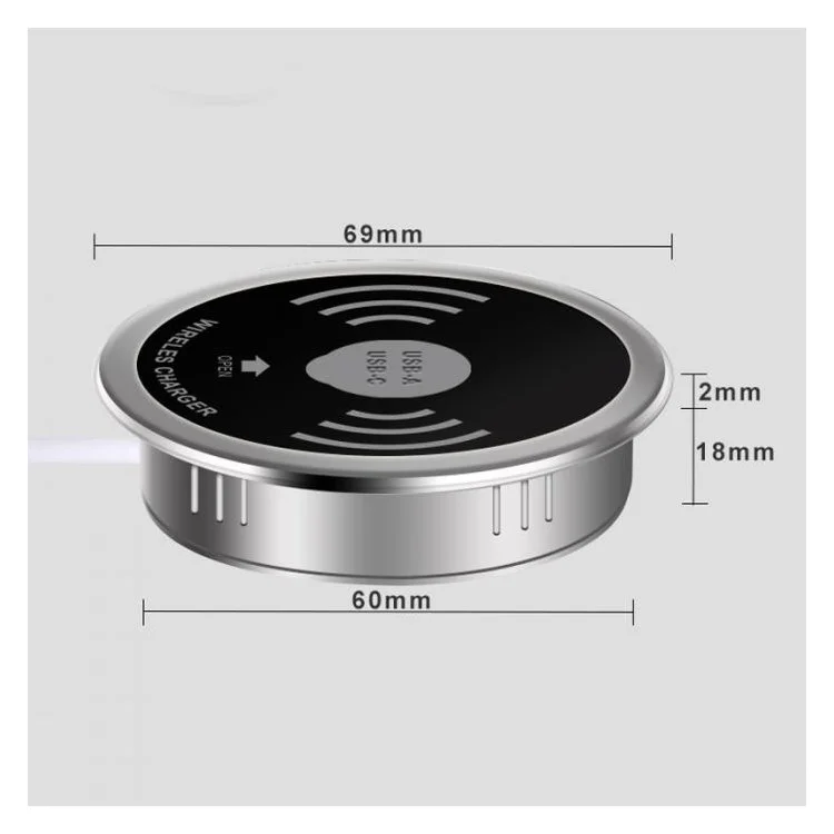 Embedded Desktop Wireless Charger 15W with USB-A and USB-C Charging Port