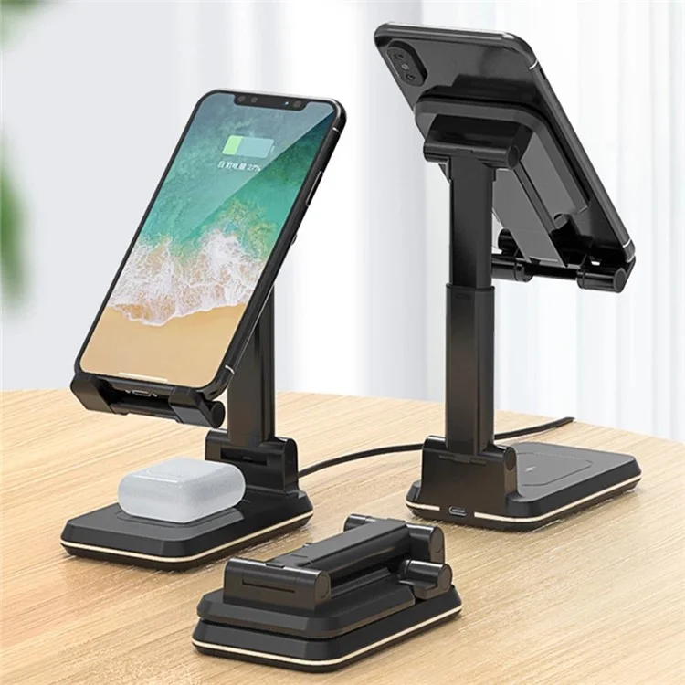Carregador Sem Fio Dobrável de 10W com Suporte Ajustável em Altura e Ângulo para iPhone 12 11 Samsung S10 S9 S8