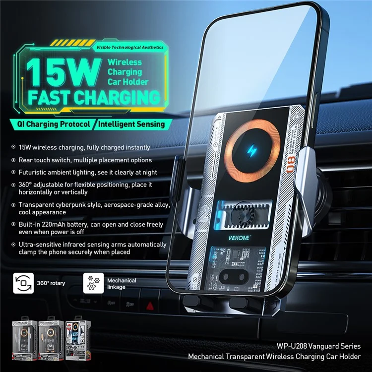 WEKOME WP-U208 Vanguard Series Mechanical Transparent Wireless Charging Car Holder - Nero