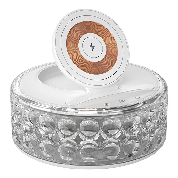 Support de téléphone mobile multifonction F11 avec chargeur sans fil et veilleuse cristal.