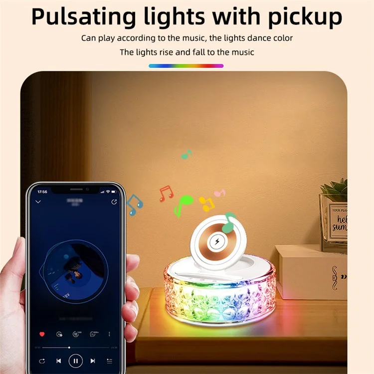 Support de téléphone mobile multifonction F11 avec chargeur sans fil et veilleuse cristal.