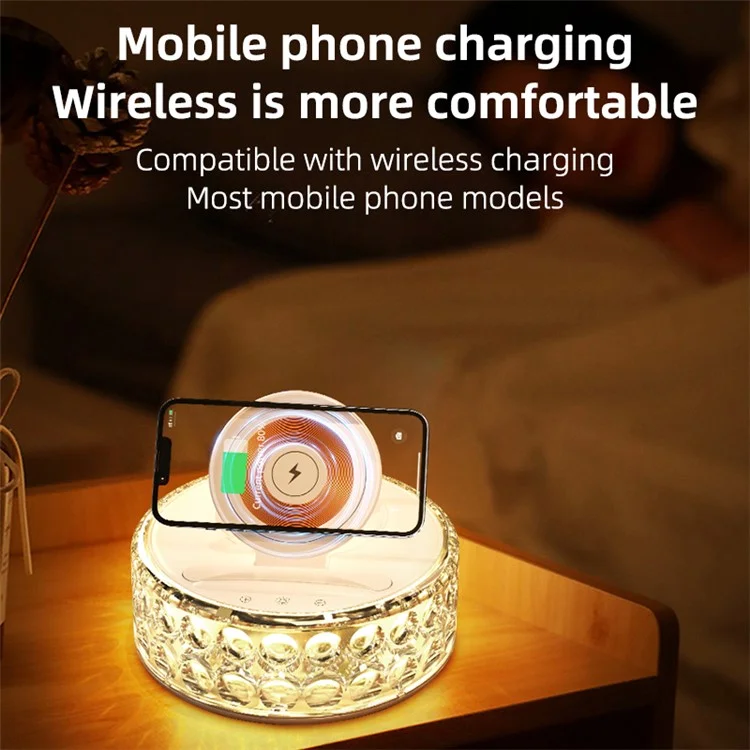 Support de téléphone mobile multifonction F11 avec chargeur sans fil et veilleuse cristal.