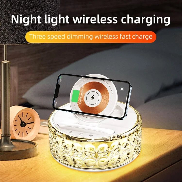 Support de téléphone mobile multifonction F11 avec chargeur sans fil et veilleuse cristal.