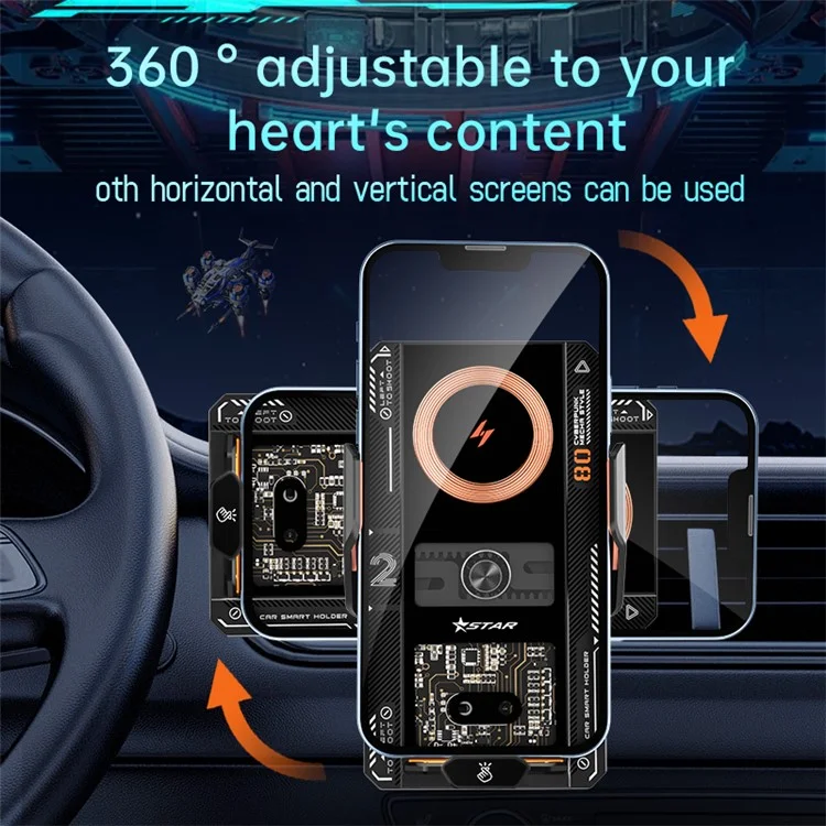 T9 Mecha Style Magnetic Charging Auto-Clamping Wireless Car Charger Phone Holder - Black