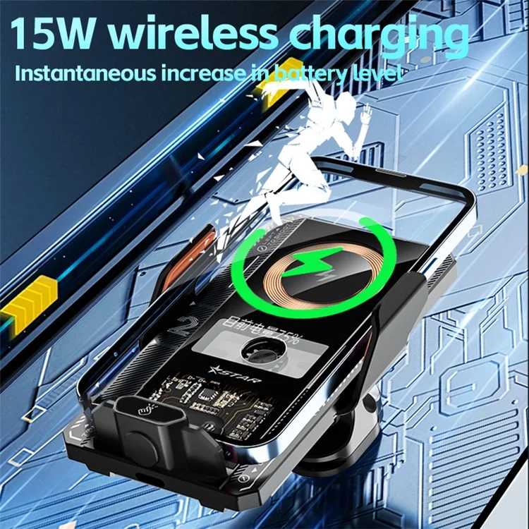 T9 Mecha Style Magnetic Charging Auto-Clamping Wireless Car Charger Phone Holder - Black