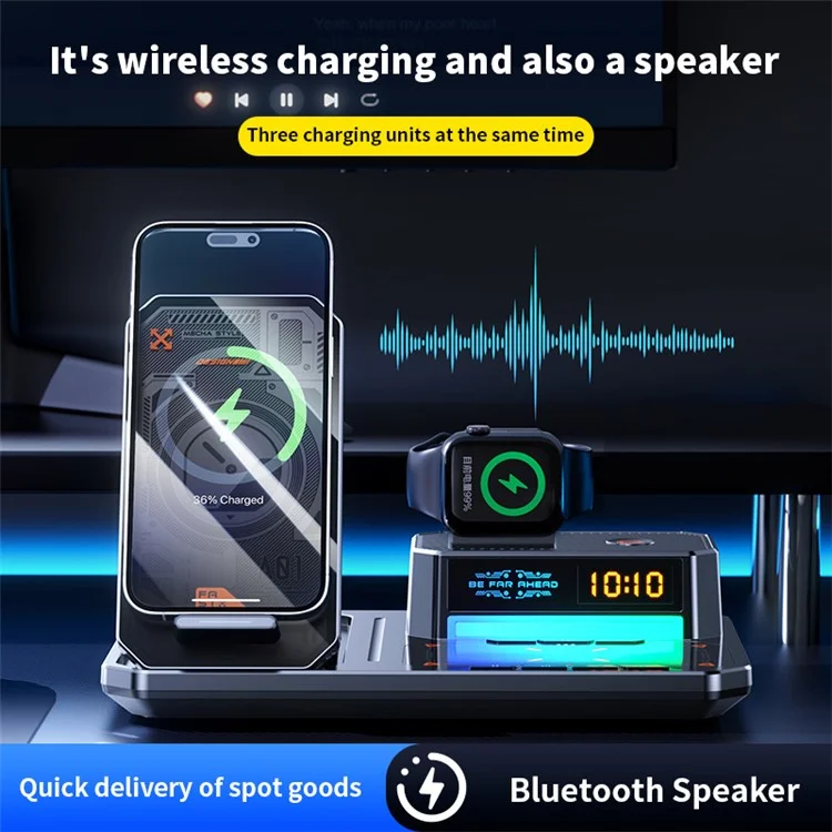 T50 5-in-1 Magnetic Wireless Charger Phone Watch Earphone Charging Stand with Clock Speaker - Black