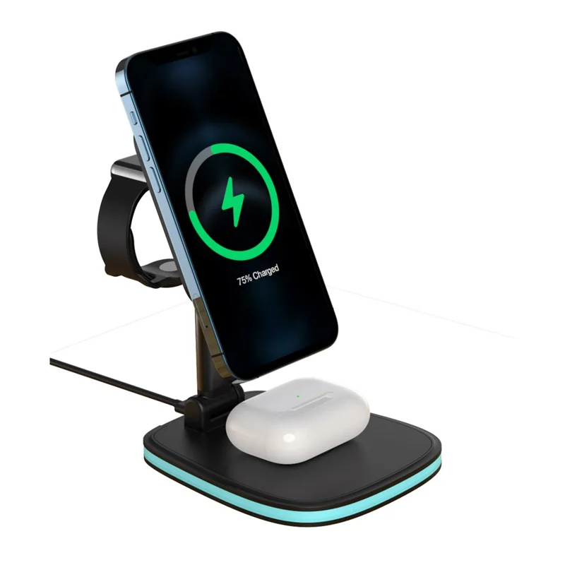 LFX-171 3 in 1 Foldable Wireless Charger Stand Fast Charging Dock Station for iPhone 12 Series/AirPods/Apple Watch - Black