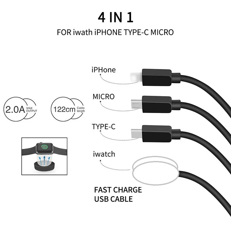 122cm for Apple Watch / Phone Type-C Plug 4-in-1 Charging Cable Watch Wireless Charging Dock, with Decoding Chip - Black