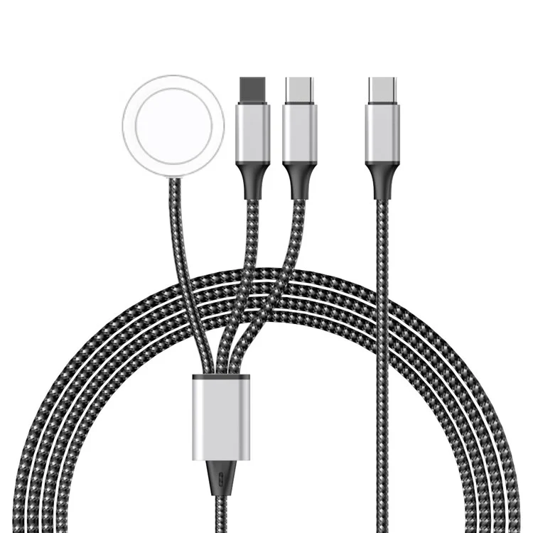Cable Trenzado Divisor de Carga Inalámbrica 3 en 1 de 120 cm, Tipo C a Tipo C / Conector de 8 Pines / para Reloj Apple