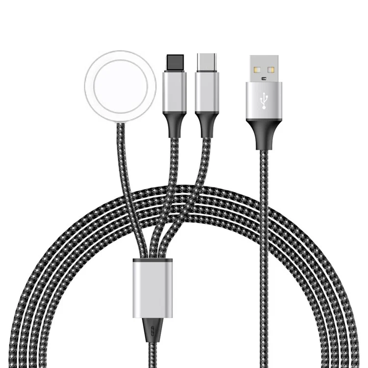 Câble diviseur tressé 3-en-1 pour station d'accueil de charge sans fil ronde pour Apple Watch, de 120 cm, avec connexion USB vers Type-C / 8 broches