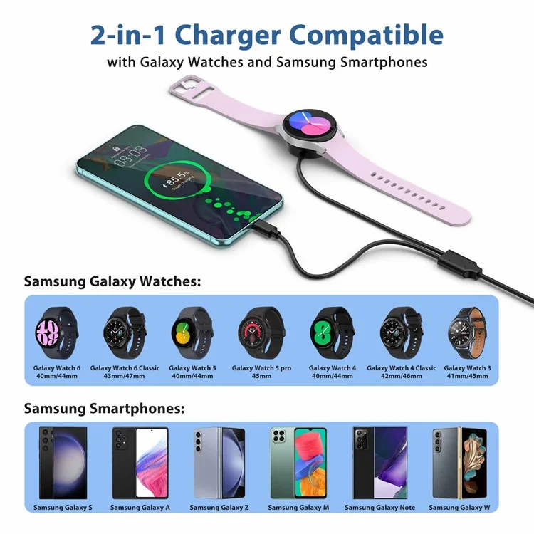 Cavo di ricarica wireless 2 in 1 da 120 cm, tipo C a tipo C, per Samsung Watch - Nero