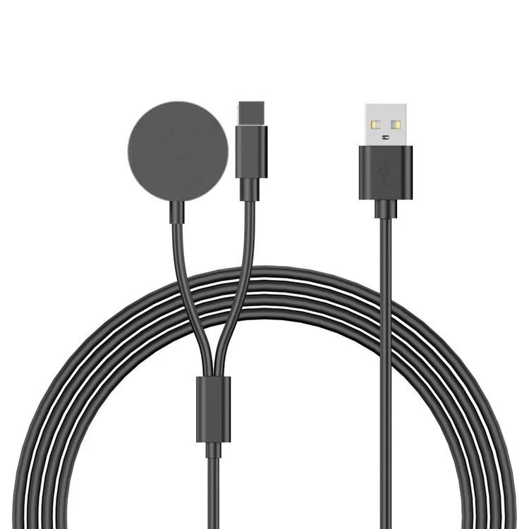 Cable de carga inalámbrica de 100 cm con conector de 8 clavijas / para Apple Watch, redondo, 2 en 1 - Negro