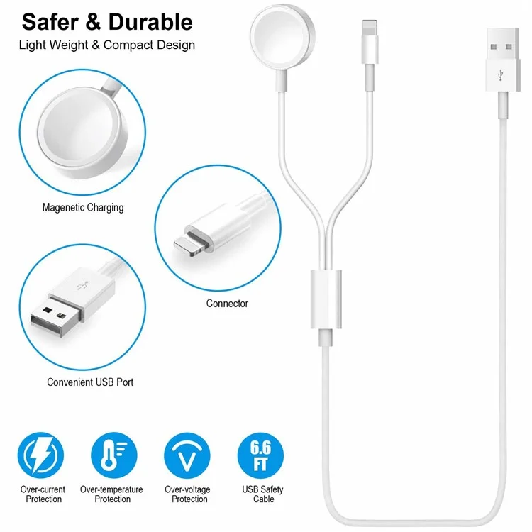 Cable de carga inalámbrica de 100 cm con conector de 8 clavijas / para Apple Watch, redondo, 2 en 1 - Negro