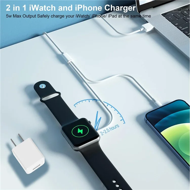 Cable de carga inalámbrica de 100 cm con conector de 8 clavijas / para Apple Watch, redondo, 2 en 1 - Negro