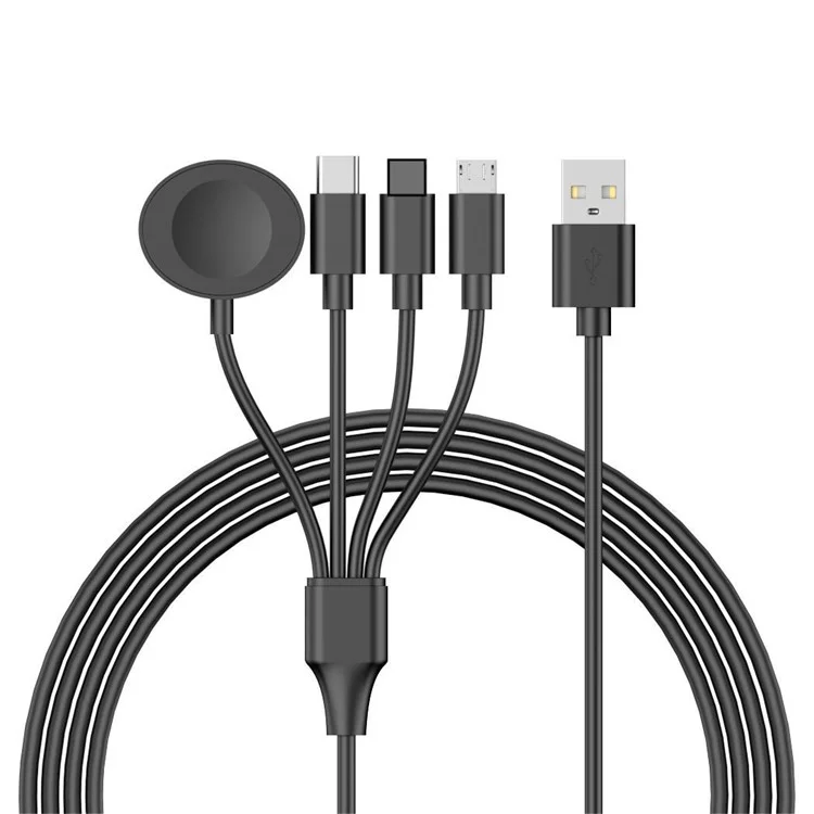 122cm USB to Ip / Type-C / Micro / For iWatch Oval Wireless Charger Phone Watch 4-in-1 Charging Cord - Black