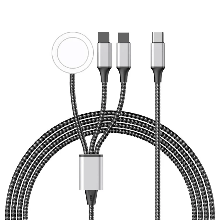 Cabo de carregamento de 1,2 m de Tipo-C para Dual 8-pin + para Dock de Carregamento sem Fio 3-em-1 para Apple Watch, Cabo de Carregamento Trançado