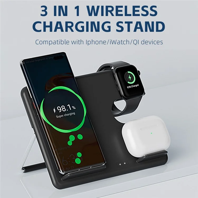 Bulk Buy Z4 For Apple Watch / AirPods / Cellphone 3-in-1 Faltbares Ladegerät 15W Magnetisches Kabelloses Ladegerät - Schwarz