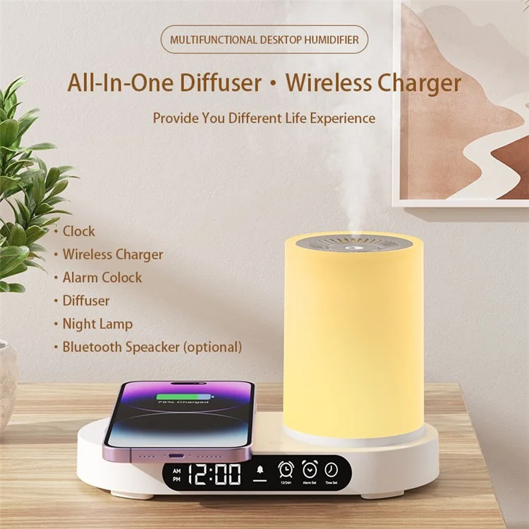 Humidificateur d'air à arôme T32 avec veilleuse Bluetooth Enceinte Horloge numérique Chargeur sans fil - Blanc