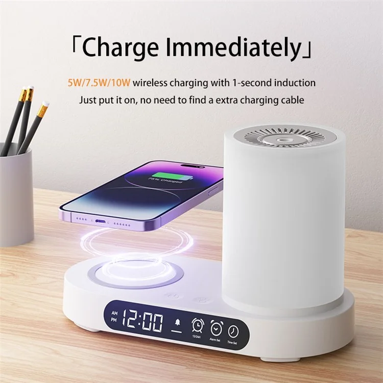 Humidificateur d'air à arôme T32 avec veilleuse Bluetooth Enceinte Horloge numérique Chargeur sans fil - Blanc