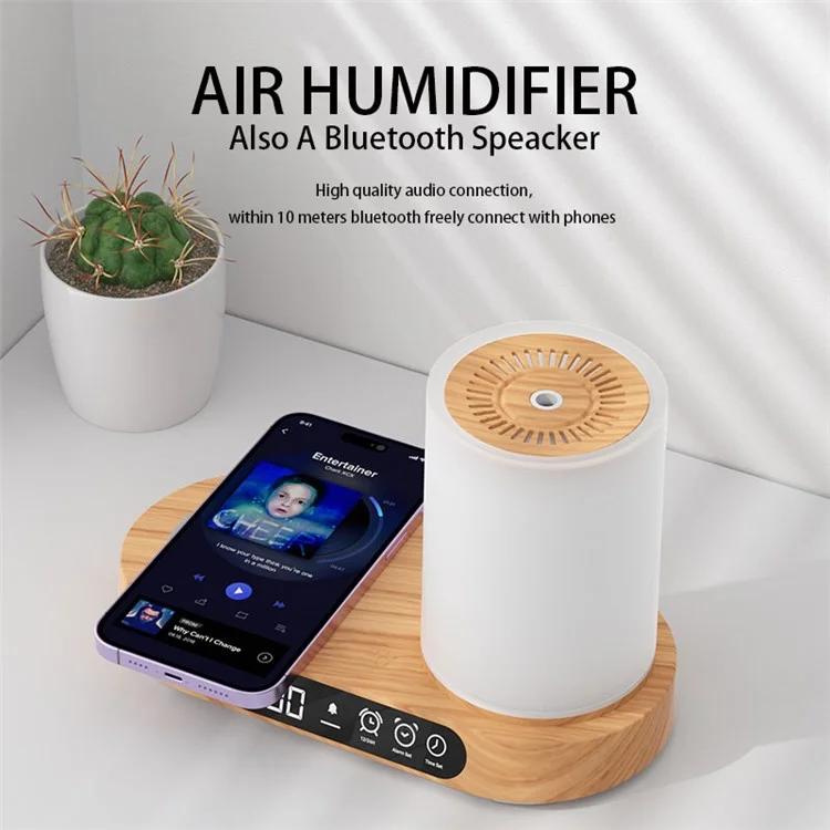 Humidificateur d'air à arôme T32 avec veilleuse Bluetooth Enceinte Horloge numérique Chargeur sans fil - Blanc