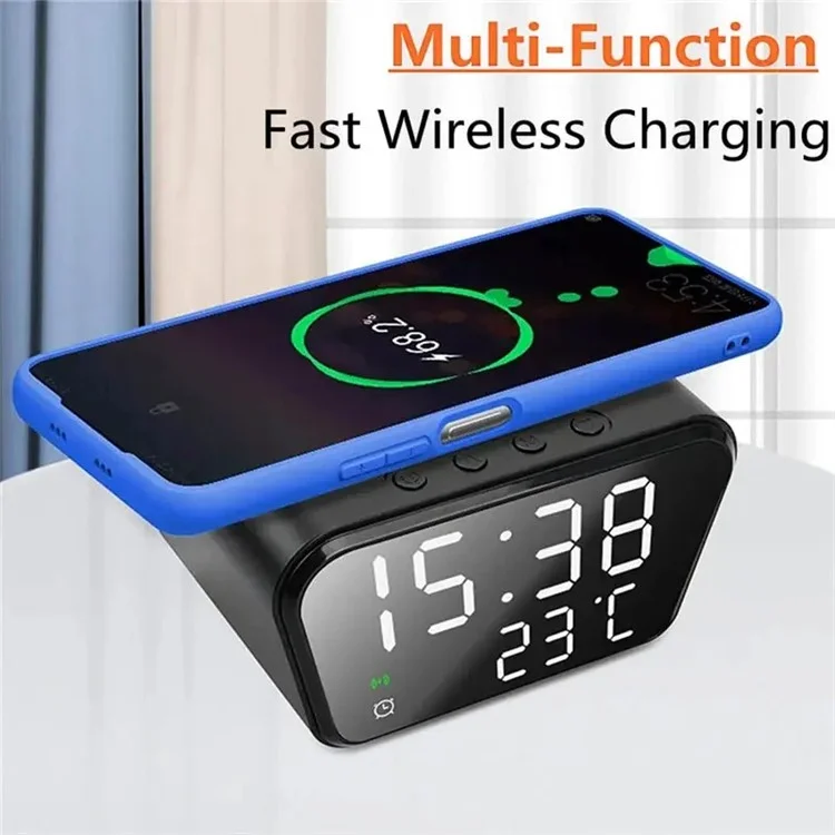 HT-301 Alarm Clock Wireless Charger 15W Fast Charging Station for Bedroom Bedside - Black