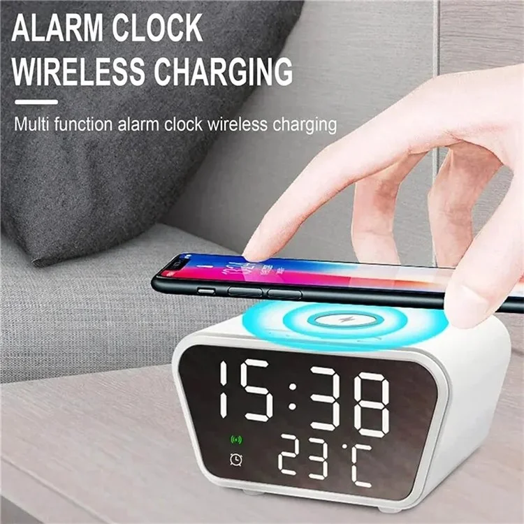 HT-301 Alarm Clock Wireless Charger 15W Fast Charging Station for Bedroom Bedside - Black