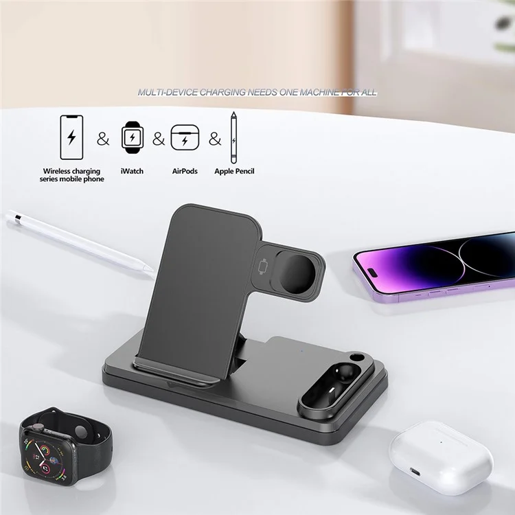 HT-504 For iPhone AirPods Apple Watch 15W Wireless Charger Fast Charging Stand with Pen Holder - Black