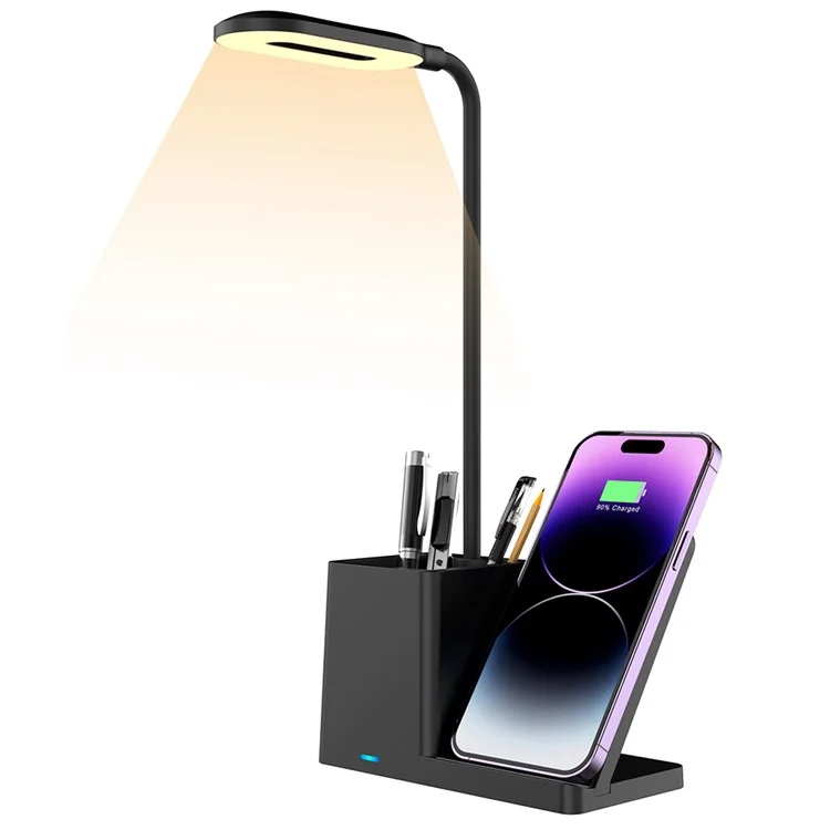 Carregador Sem Fio Suporte para Telefone 3 em 1 15W com Lâmpada de Mesa LED Gooseneck - Preto