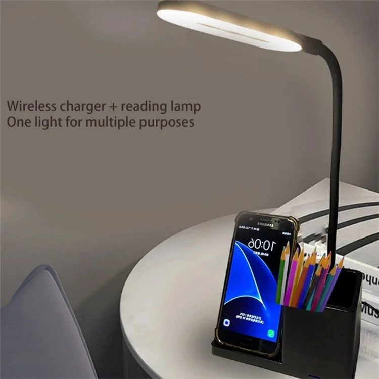 Carregador Sem Fio Suporte para Telefone 3 em 1 15W com Lâmpada de Mesa LED Gooseneck - Preto