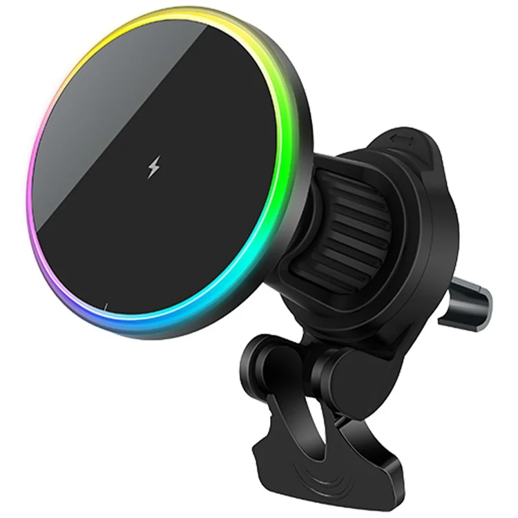 OJD-121 For iPhone 15W Magnetic Wireless Charger Car Air Vent Phone Charging Stand with Ambient Light