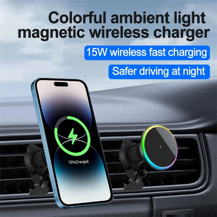 OJD-121 For iPhone 15W Magnetic Wireless Charger Car Air Vent Phone Charging Stand with Ambient Light