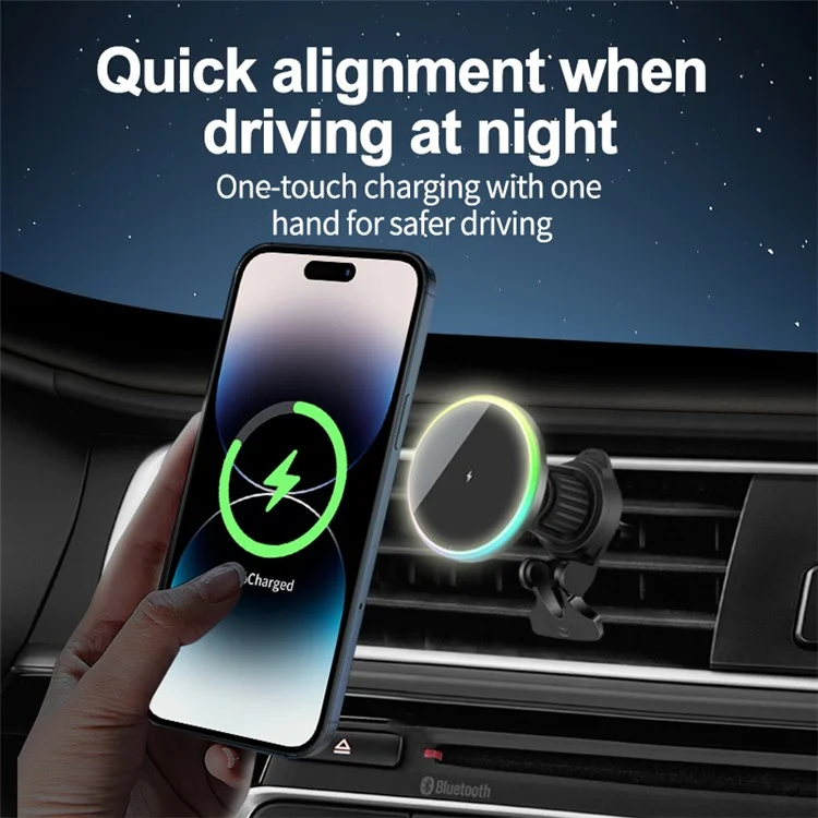 OJD-121 For iPhone 15W Magnetic Wireless Charger Car Air Vent Phone Charging Stand with Ambient Light