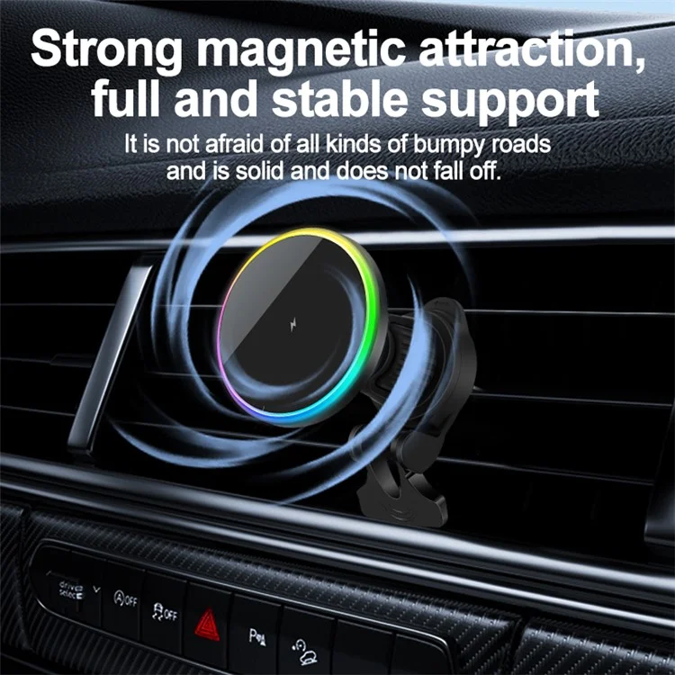 OJD-121 For iPhone 15W Magnetic Wireless Charger Car Air Vent Phone Charging Stand with Ambient Light