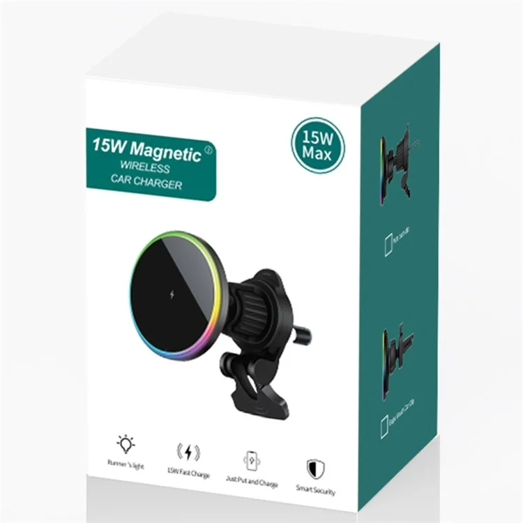 OJD-121 For iPhone 15W Magnetic Wireless Charger Car Air Vent Phone Charging Stand with Ambient Light