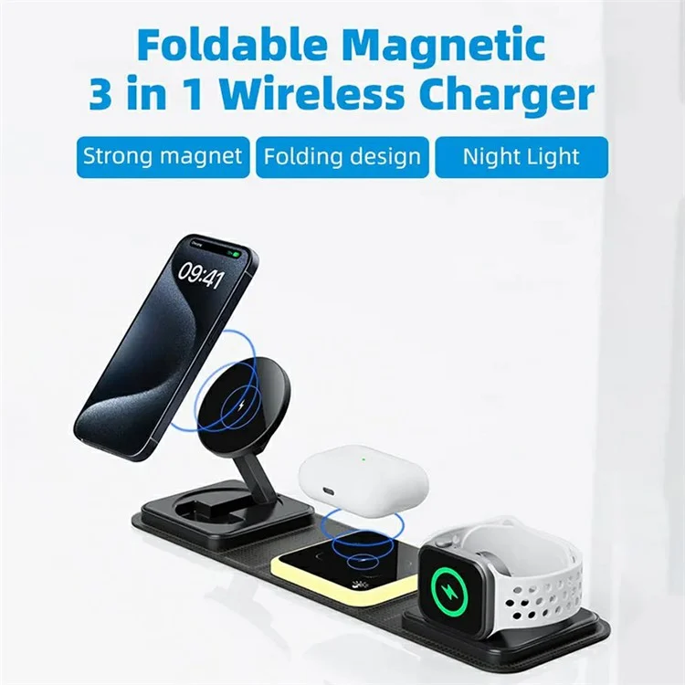 OJD-116B For Apple Watch / AirPods / Mobile Phone 3-in-1 Charging Stand Night Light Foldable 15W Magnetic Wireless Charger